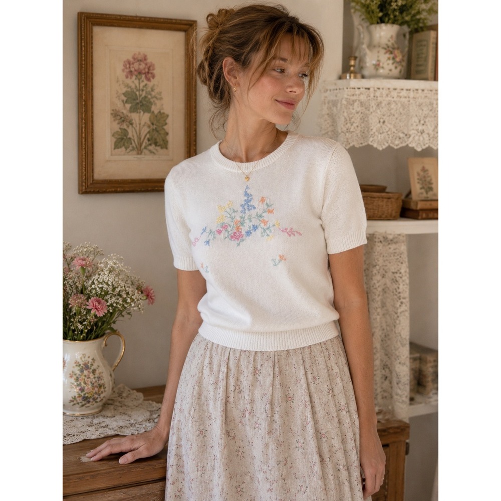 College Point Vintage White Cotton Short Sleeve Floral Embroidered Sweater USA